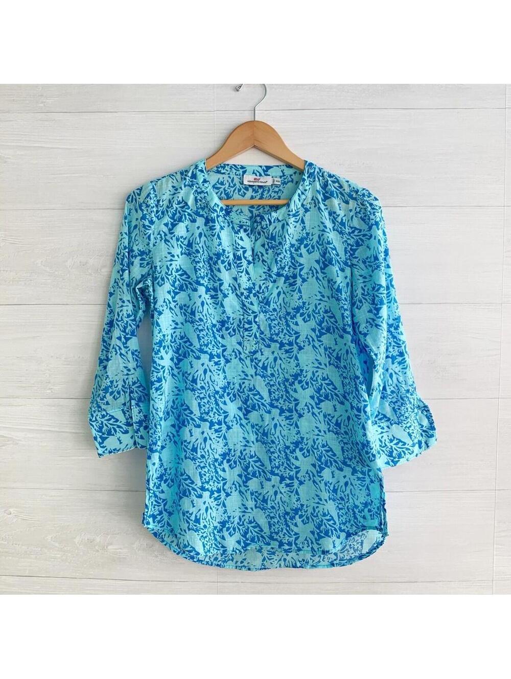 Vineyard Vines Aqua Blue Coral Print Cotton V Neck Tunic Top XXS